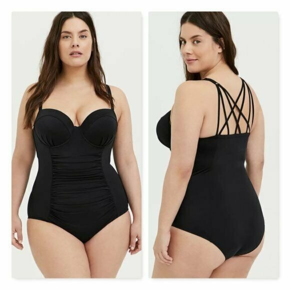 Torrid Black Lattice Back Push Up Swimsuit 2X